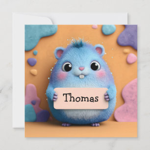 Carte Hamster bleu bouffant tenant un signe avec nom