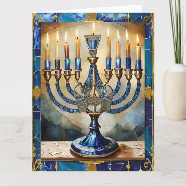 Carte Hanoukka bleue Menorah (Devant)