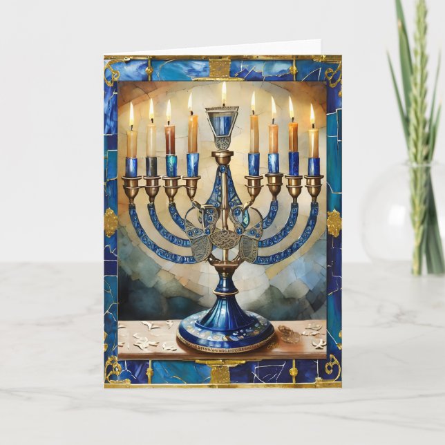 Carte Hanoukka bleue Menorah (Devant)