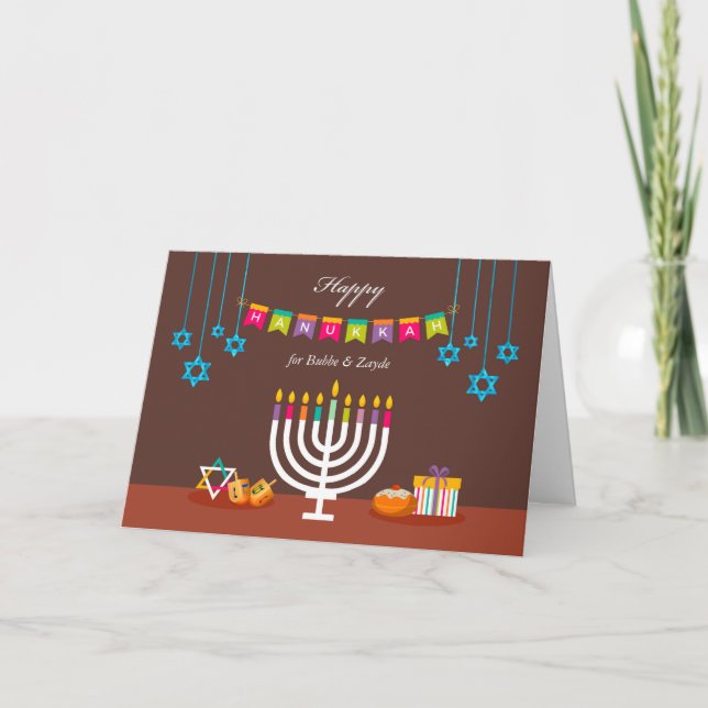 Carte Hanoukka heureuse pour Bubbe & Zayde, Menorah colo (Devant)