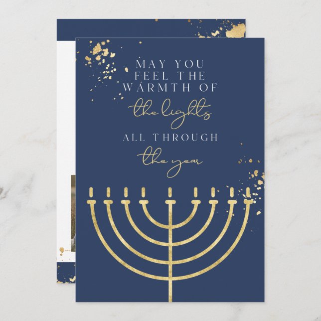 Carte Hanoukka Marine Blue Gold Foil Menorah (Devant / Derrière)