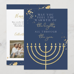 Carte Hanoukka Marine Blue Gold Foil Menorah