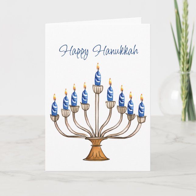 Carte Hanoukka Menorah avec des bougies bleues, blanches (Devant)