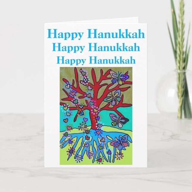 Carte Hanoukka Red Tree of Life Hearts & Butterflies (Devant)