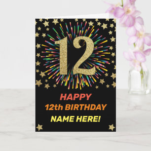 Carte Happy 12th Birthday Black & Gold Rainbow Firework