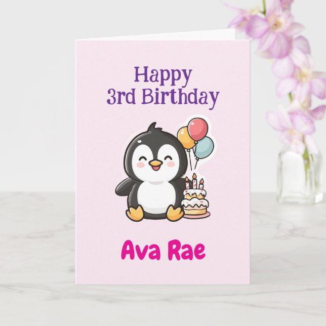 Carte Happy 3rd Birthday, Cute Penguin, Personalized  (Orchidée)