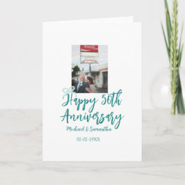 Carte Happy 50th anniversary photo turquoise bow name da