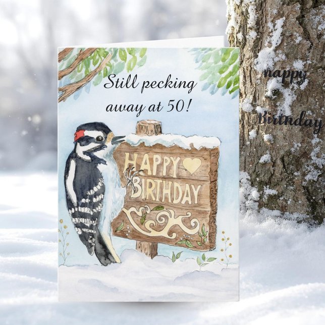 Carte Happy 50th Birthday Downy Woodpecker (Créateur téléchargé)