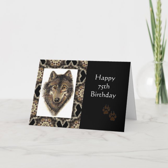 Carte Happy 75th Birthday with Watercolor Wolf (Devant)