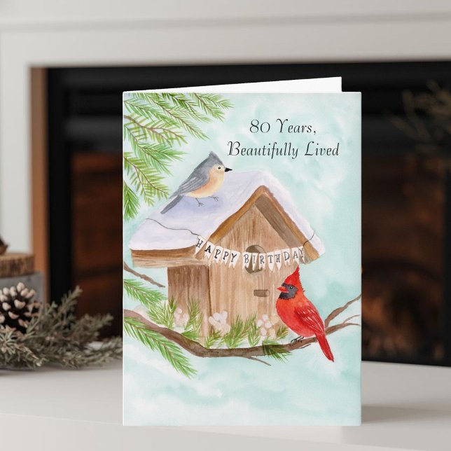 Carte  Happy 80th Birthday Birds at Birdhouse (Créateur téléchargé)