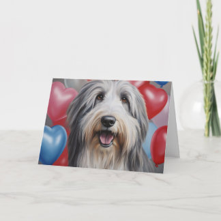 Carte Happy Bearded Collie with Balloons Valentine's Day