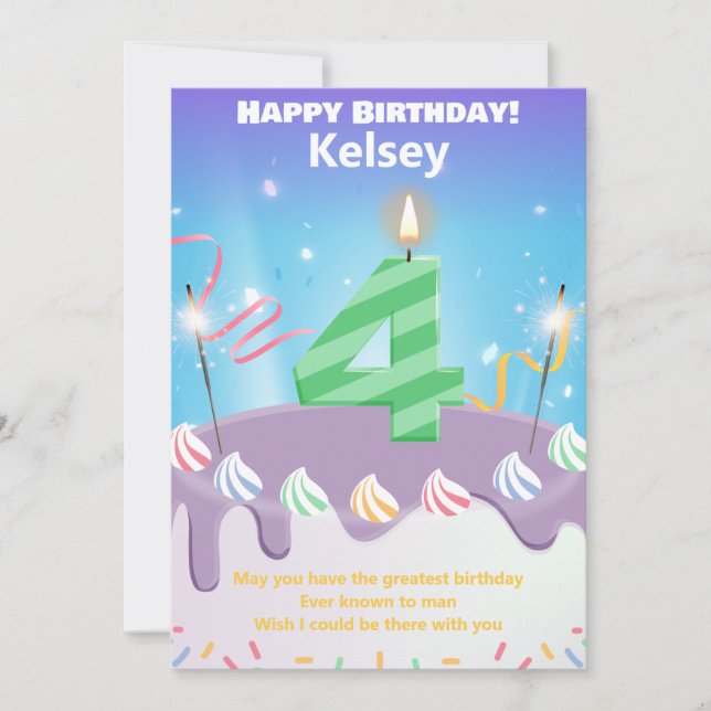 Carte Happy Birthday à quatre ans personnalisée (Devant)