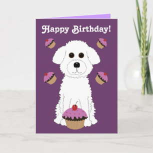 Carte Happy Birthday Bichon with Purple Cupcakes