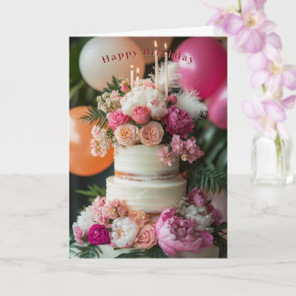 Carte Happy Birthday Cake Pink Peonies Roses Feathers