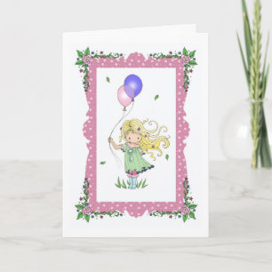 Carte Happy Birthday Card Little Girl Holding Balloons