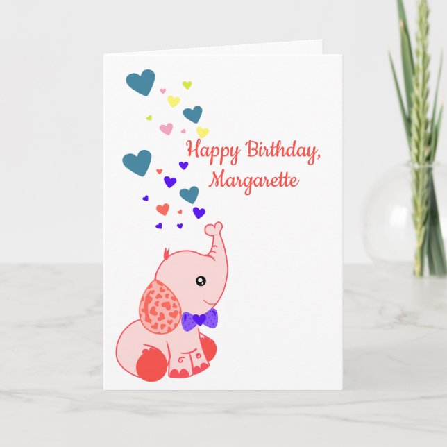 Carte Happy Birthday, Custom name and Cute Baby Elephant (Devant)
