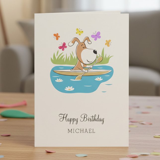 Carte Happy Birthday Cute Dog Puppy Kayak Kayaking (Créateur téléchargé)