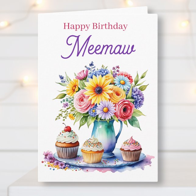 Carte Happy Birthday Meemaw | Flowers and Cupcakes (Créateur téléchargé)