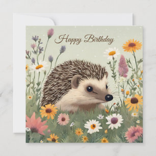 Carte Happy Birthday Watercolor Hérisson et fleurs