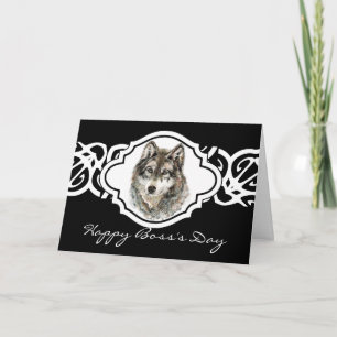 Carte Happy Boss's Day Watercolor Grey Wolf-Animal