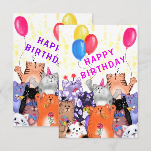 Carte Happy Cats Party Funny Birthday Card (Devant / Derrière)