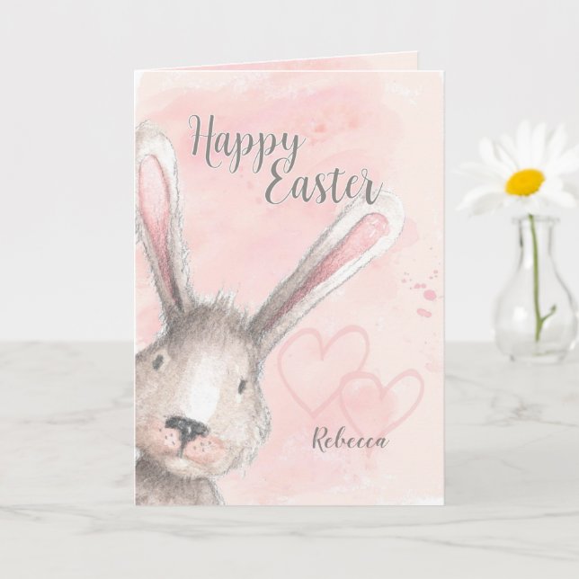 Carte Happy Eaquarelle de Pâques Bunny Nom personnalisé (Petite plante)
