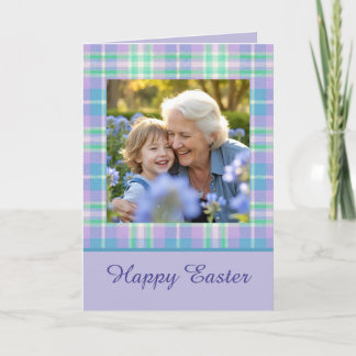 Carte Happy Easter Plaid One Photo Purple Blue Pastel
