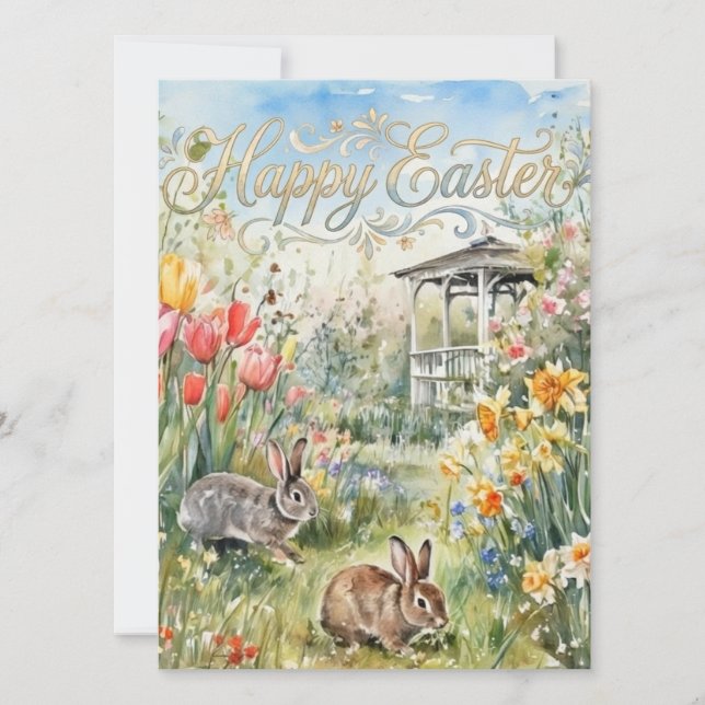 Carte Happy Easter Spring Flowers & Bunnies Easter Card (Devant)