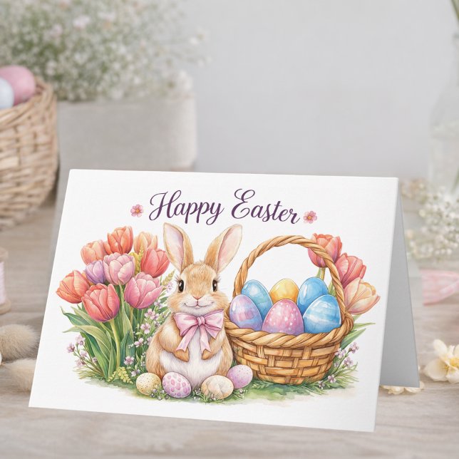 Carte Happy Easter Watercolor Bunny Card | Tulips  (Créateur téléchargé)