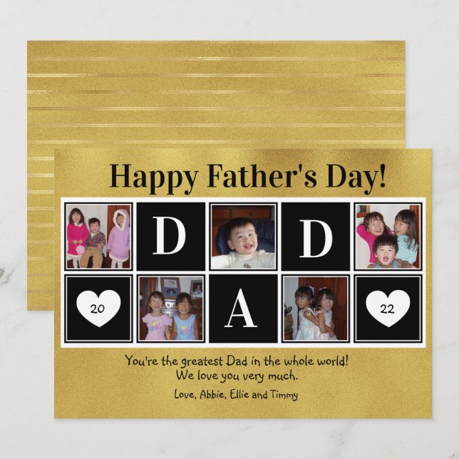 Carte Happy Father's Day 5 Photo Gold Flat Greeting Card (Devant / Derrière)