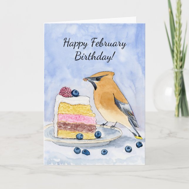 Carte  Happy February Birthday Cedar Waxwing Cake (Devant)