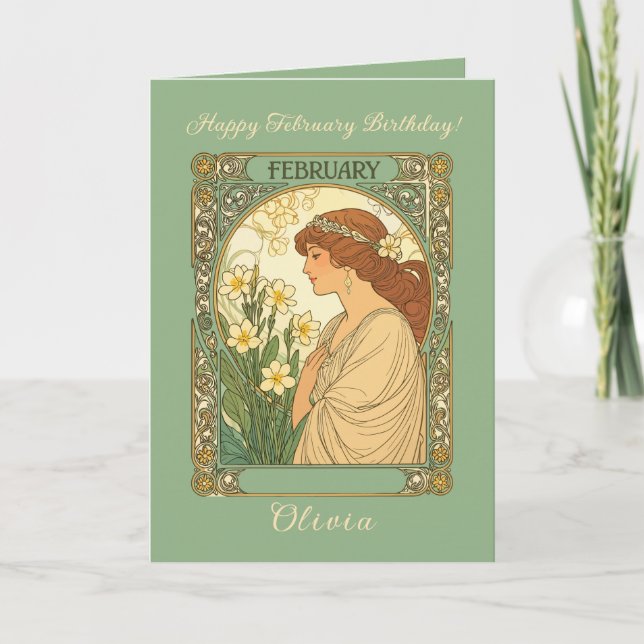 Carte Happy February Birthday Primrose Flowers Art Nouve (Devant)