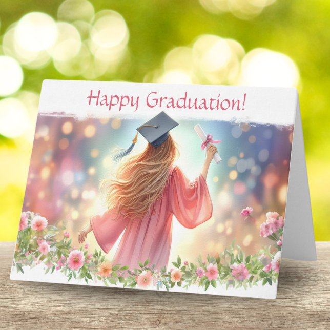 Carte Happy Graduation Blond Hair Girl Avec Fleurs (Blooming success: She's flourished from roots to cap and gown!)