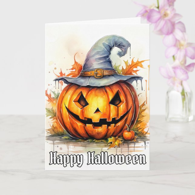 Carte Happy Halloween aquarelle Citrouille Art (Orchidée)
