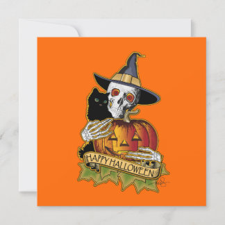 Carte Happy Halloween Chat noir, Crâne et Citrouille