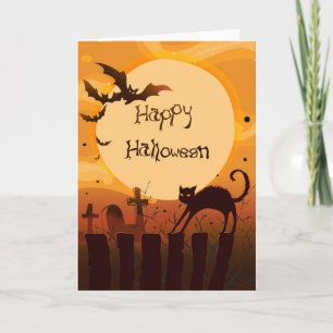 Carte Happy Halloween Chat noir et chauves-souris