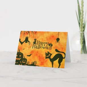 Carte Happy Halloween Chat noir, hibou, citrouille
