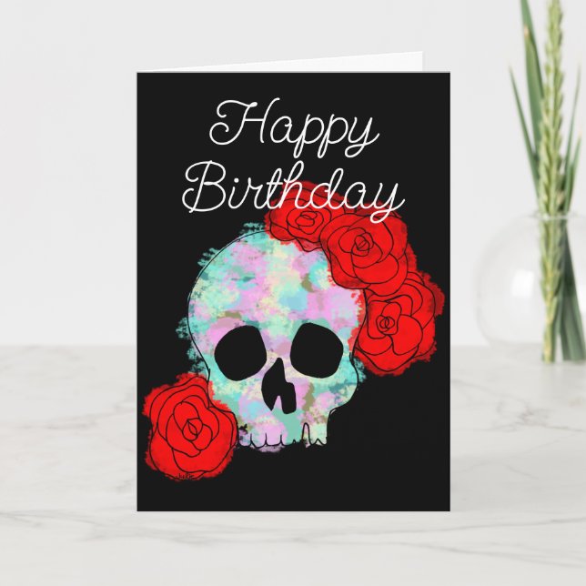 Carte Happy Halloween crâne d'anniversaire avec Roses (Devant)