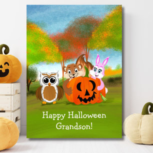 Carte Happy Halloween Grandson Chipmunk, Rabbit & Owl