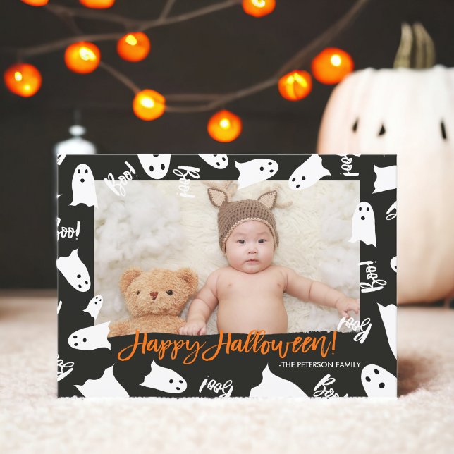 Carte Happy Halloween mignon fantômes boite photo (Happy Halloween cute ghosts boo text photo Card)