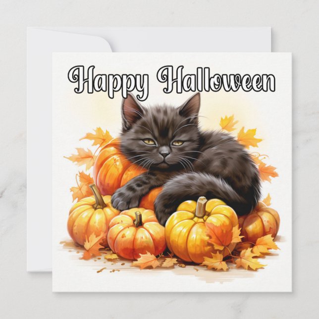 Carte Happy Halloween Sleepy Black Kitty Chat (Devant)