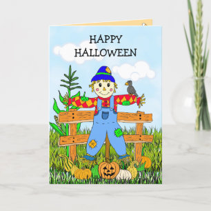Carte Happy Halloween Whimsical Scarecrow et Citrouilles