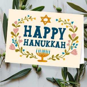 Carte HAPPY HANOUKKA floral wreath Juif Personnalisable