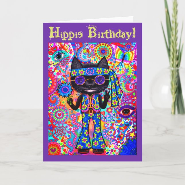 Carte Happy Hippie Chat Paix Signal Lunettes de soleil p (Devant)