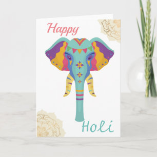 Carte Happy Holi Eléphant Coloré Avec Golden Mandala