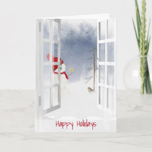 Carte Happy Holidays bonhomme de neige dans la fenêtre