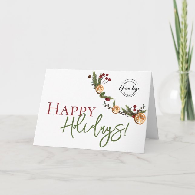 Carte Happy Holidays Oranges wreath leaves Custom Logo  (Devant)