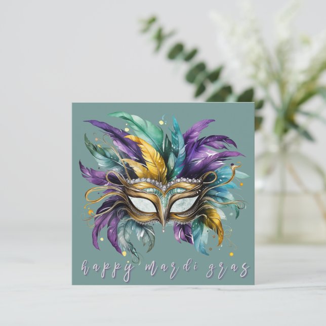 Carte Happy Mardi Gras Masque à plumes en vert (Debout devant)