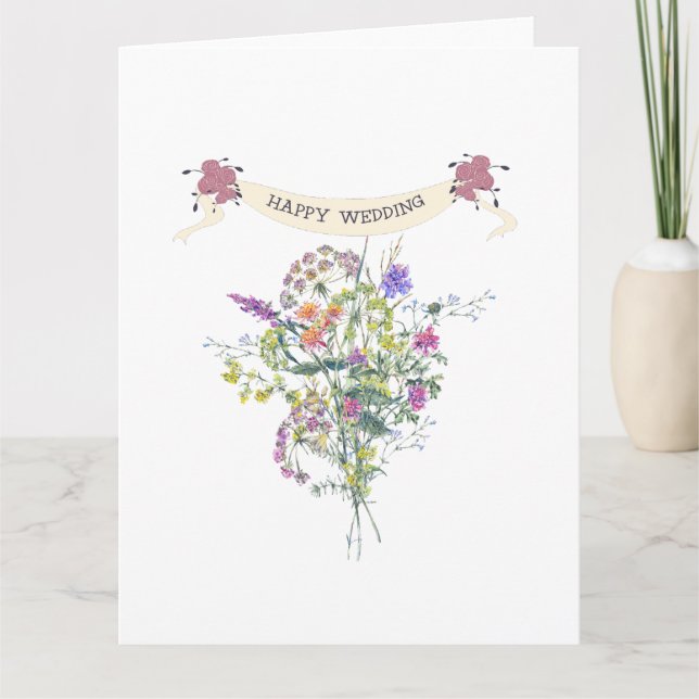 Carte Happy Mariage Elégant Bouquet Floral (Devant)