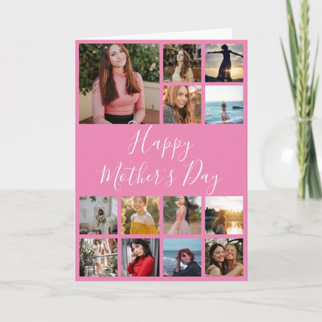 Carte Happy Mother's Day Photo Collage rose et blanc (Devant)